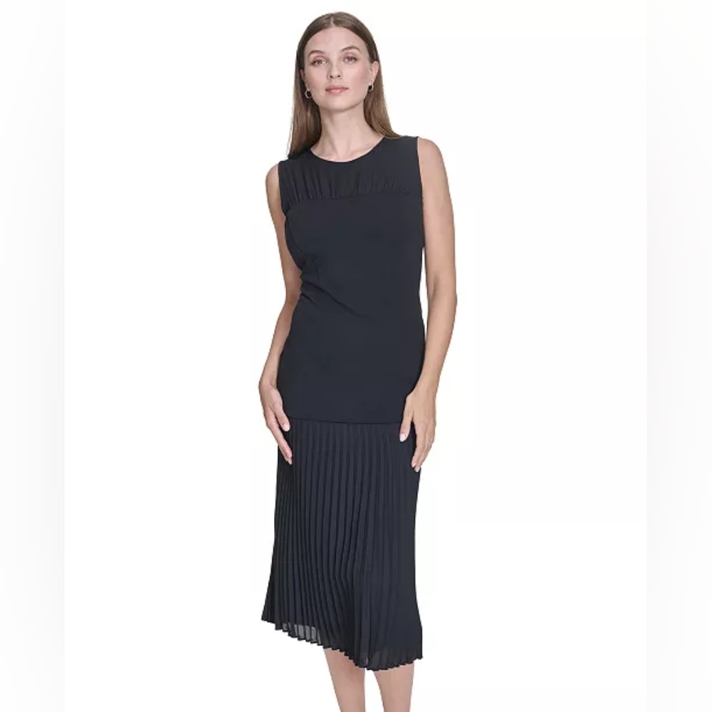 NWT - Halston Pleated Fit & Flair Black Sleeveless Midi Dress - Size 14